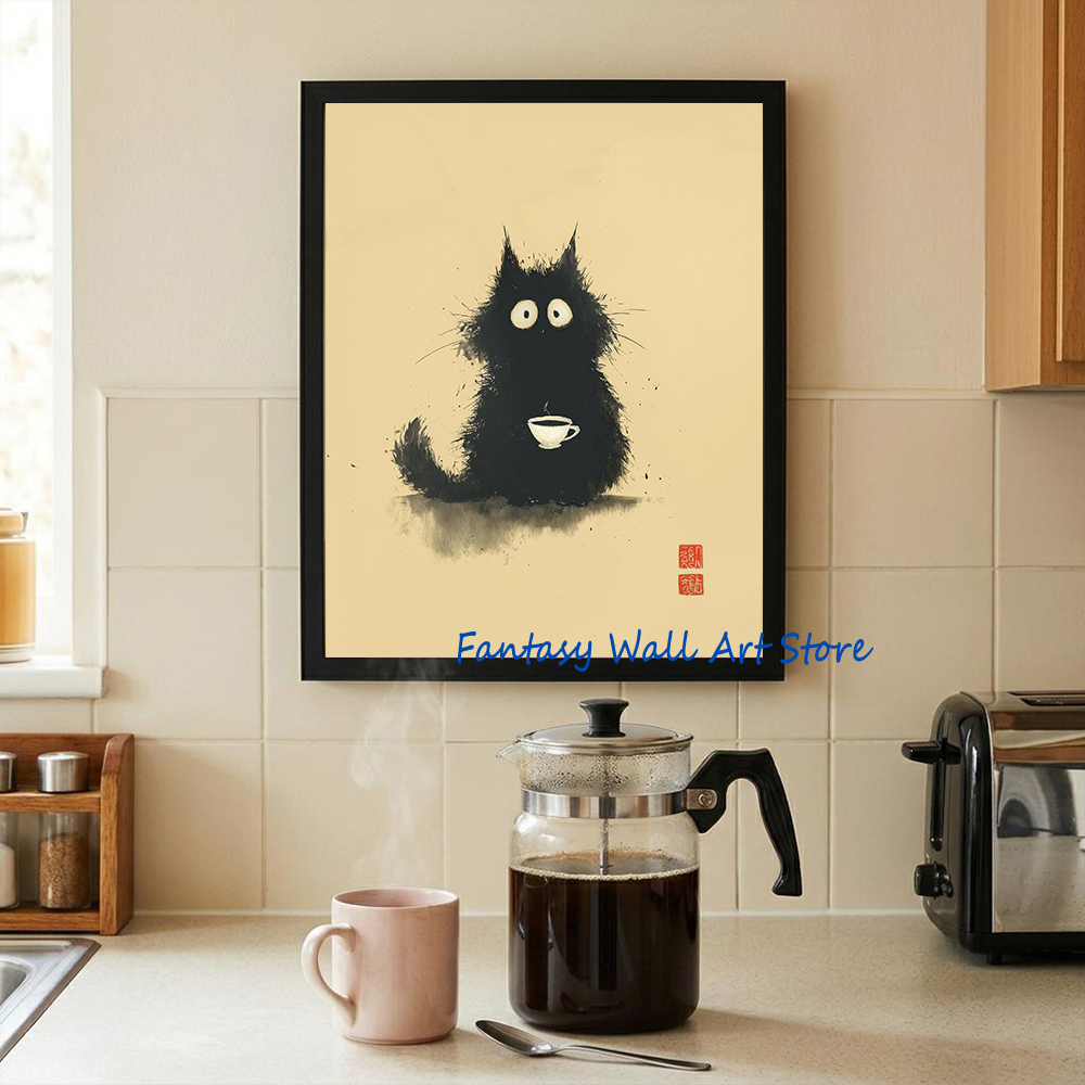 Japanese Living Lifestyle - Japanese Cat Art Whimsical Poster Vintage